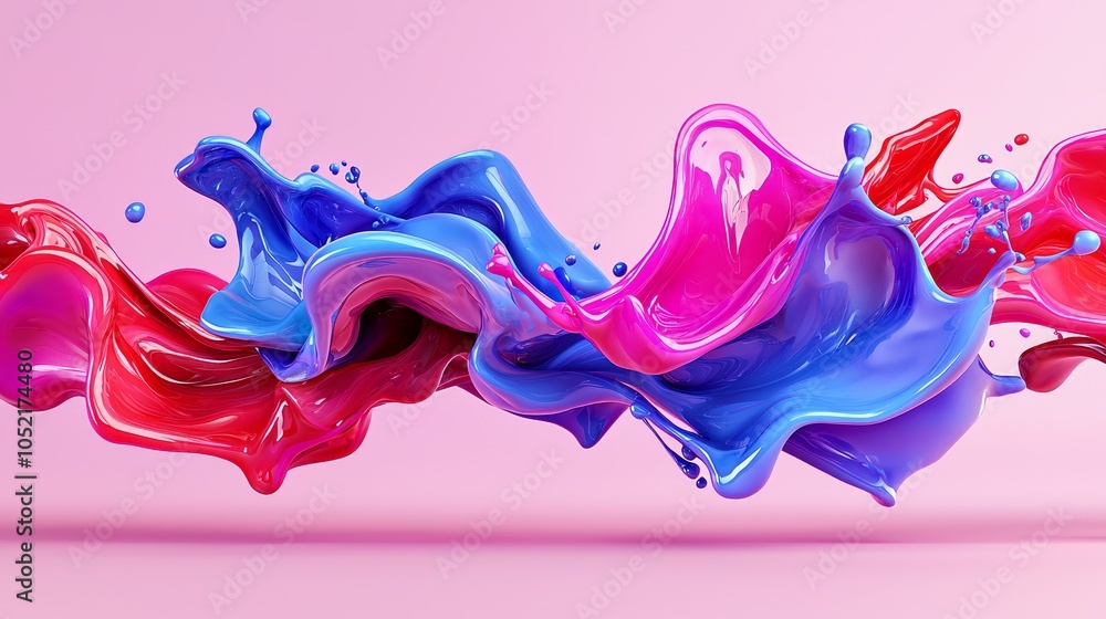 Poster dynamic flow of colorful paint splashes creating a vibrant visual experience against a soft pink bac