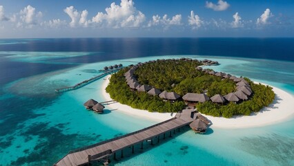 Fototapeta premium maldives luxury resort, beautiful sea, hotel, blue sky, top view, Made by AI,Artificial intelligence