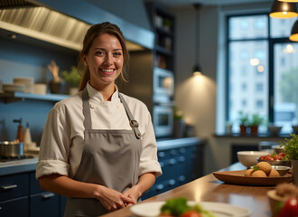 Fototapeta premium modern restaurant, kitchen, female chef, standing, smiling, food, work