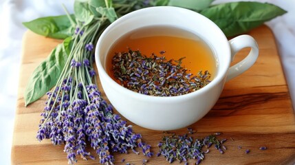 A beautifully styled white tea cup filled with herbal tea, dried lavender flowers and fresh herbs neatly arranged on a wooden serving board, evoking feelings of calm and wellbeing.