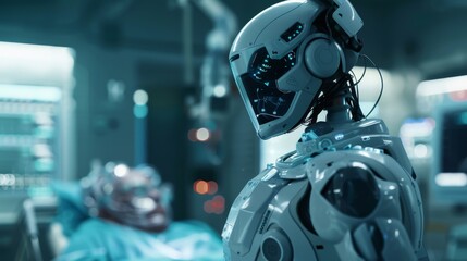 Fototapeta premium Advanced humanoid robot in futuristic medical facility monitoring patient in hospital bed.