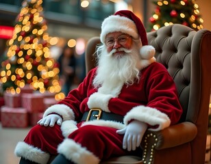 Santa sitting in soft chair on photozone in the mall with Christmas tree on backgrounds also a lot of blurred lights and gifts around