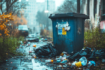 Full garbage bin and black plastic trash bags around. Overflowing recycling container with trash