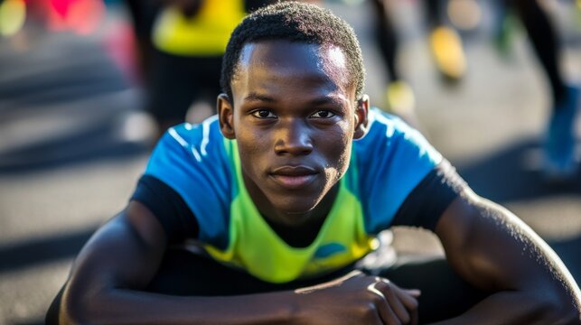 Athlete stretching before a marathon race start. Pre-race warm-up routine for competitive running.