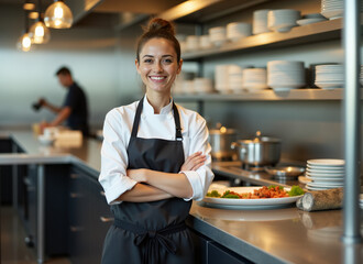 Fototapeta premium modern restaurant, kitchen, female chef, standing, smiling, food