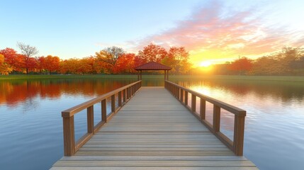 Fototapeta premium Wooden bridge leading to Japanese temple amid autumn foliage, a calm pond below reflecting red and orange hues.