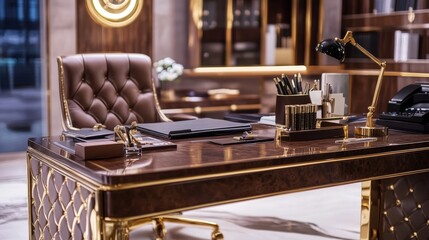 Obraz premium Luxury Executive Desk with Leather Chair, Gold Accents, and Premium Office Accessories in a Sophisticated Workspace