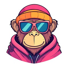 Naklejka premium Cool monkey wearing sunglasses and pink hoodie