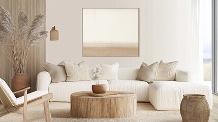 A stylish, minimalist living room featuring a white sectional, natural elements, and wooden coffee table, exudes serenity and charm.