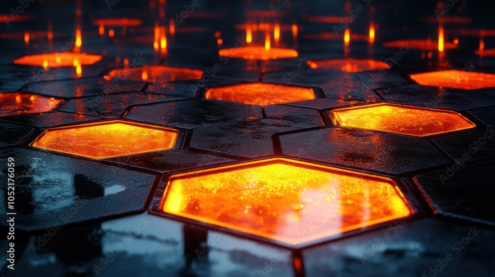 Poster glowing hexagonal pattern on wet black surface