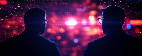 Silhouettes of two individuals looking at digital data visualization