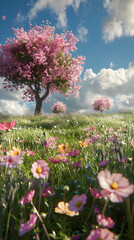 A serene landscape featuring blooming trees and vibrant flowers under a blue sky.