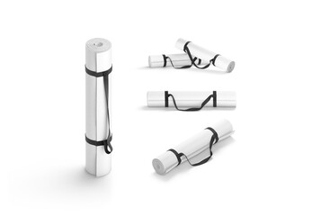 Blank white rolled yoga mat handle strap mockup, different views