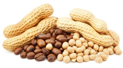 A collection of peanuts, coffee beans, and soybeans arranged aesthetically.