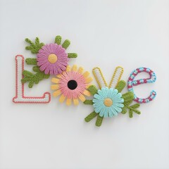 Embriodered floral letters LOVE. Crocheted summer wildflowers are gathered in an exquisite delicate bouquet. White background.