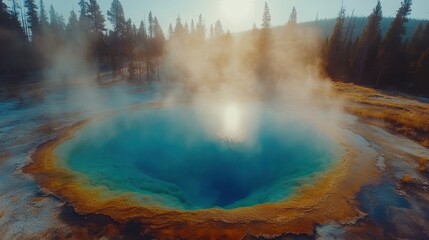 A vibrant hot spring in Yellowstone National Park surrounded by mist on a serene morning