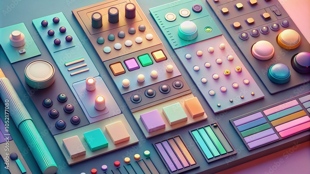 Poster user interface elements for modern digital design, featuring buttons, sliders, and color palettes fo