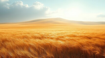 Obraz premium golden wheat field swaying gently in the breeze, illuminated by the soft morning sun casting warm hues, creating a peaceful agricultural landscape under a partly cloudy sky