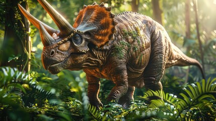 AI-generated majestic dinosaurs in a prehistoric landscape. Triceratops. The concept of time when dinosaurs ruled the Earth.