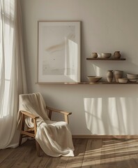 Frame mock up on Living Room, Minimalist Corner with Soft Shadows and Artistic Decor- Generative Ai