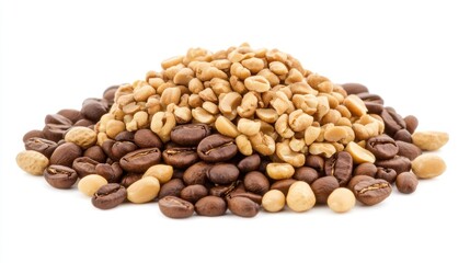 A pile of various types of coffee beans showcasing different stages of processing.