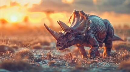 AI-generated majestic dinosaurs in a prehistoric landscape. Triceratops. The concept of time when dinosaurs ruled the Earth.