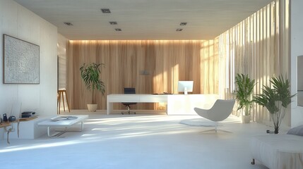 Fototapeta premium Modern Minimalist Office with Sculptural Wooden Desk and Sleek Design Accents in Contemporary Workspace