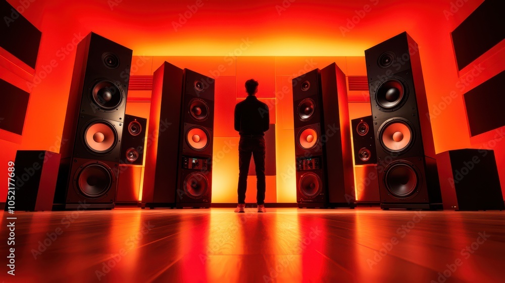 Poster silhouette of a person standing in front of large speakers under vibrant red lighting, creating a dy