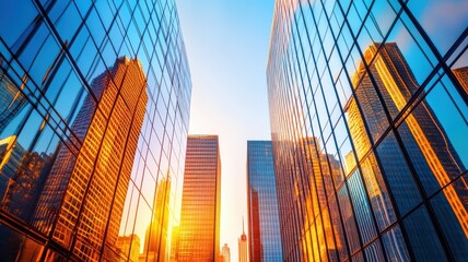 Stunning cityscape with skyscrapers reflecting sunlight, showcasing modern architecture against a clear blue sky.