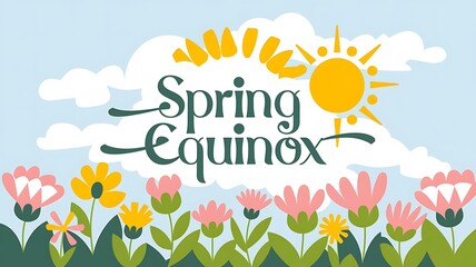 Spring Equinox Illustration with Sun, Clouds, and Flowers