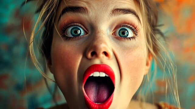 A woman with blonde hair and blue eyes stares wide-eyed at the camera with her mouth open in shock