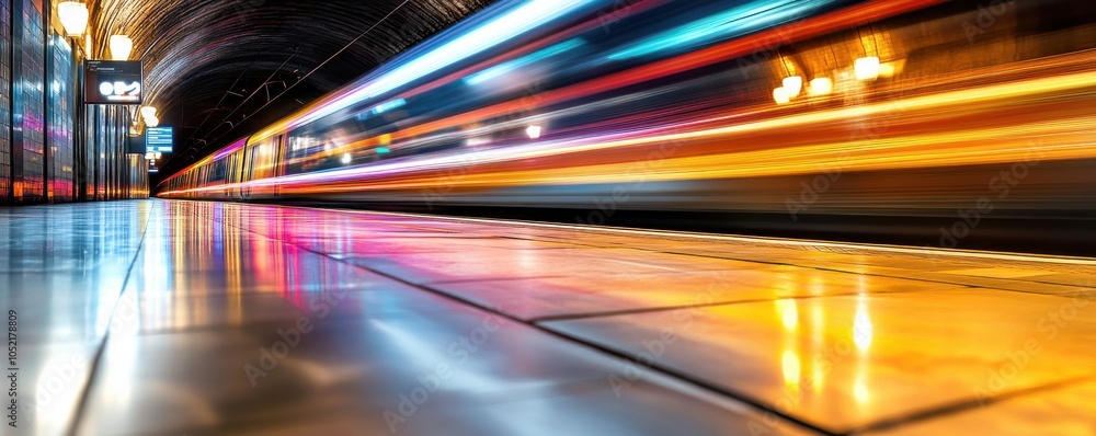 Poster dynamic view of a train speeding through a modern subway station, showcasing motion and vibrant ligh
