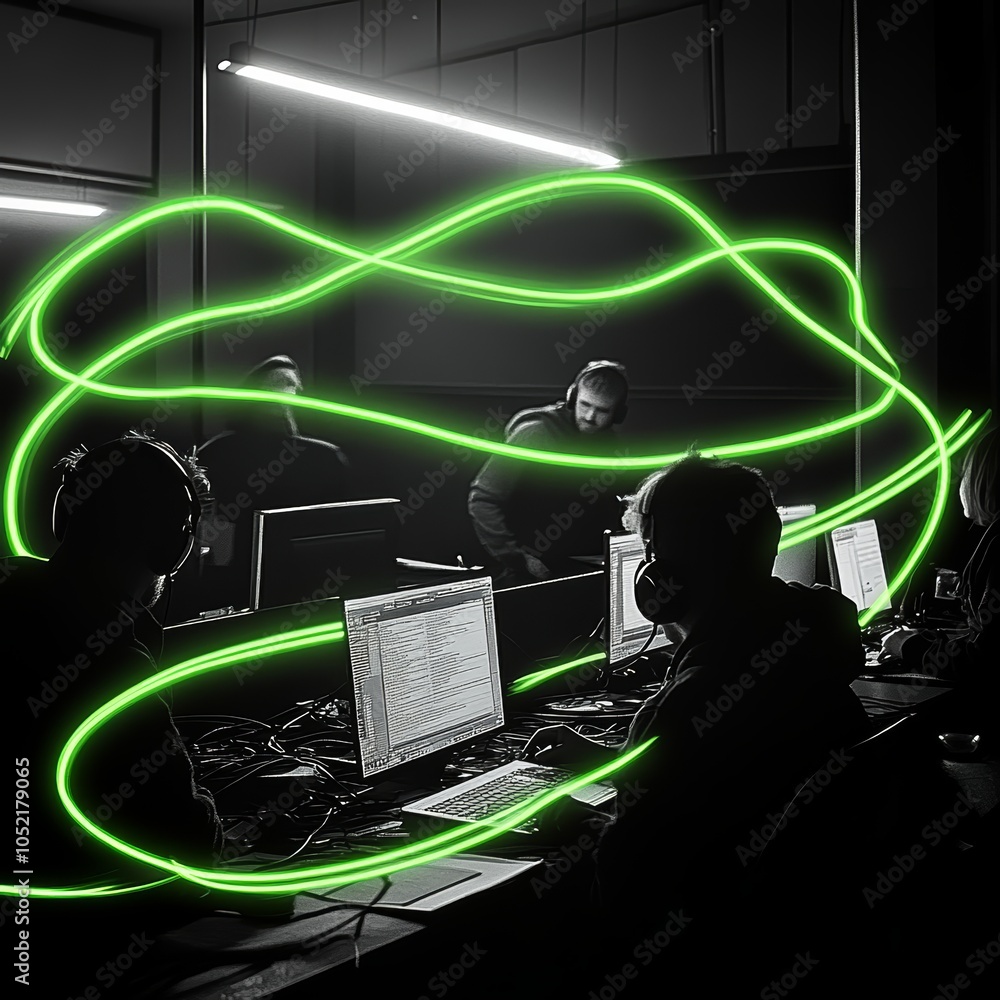Poster group of diverse individuals working in a tech environment with a neon green glow.