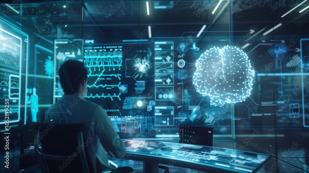 Poster scientist in a high tech lab analyzes data on transparent computer displays, interacting with a 3d m
