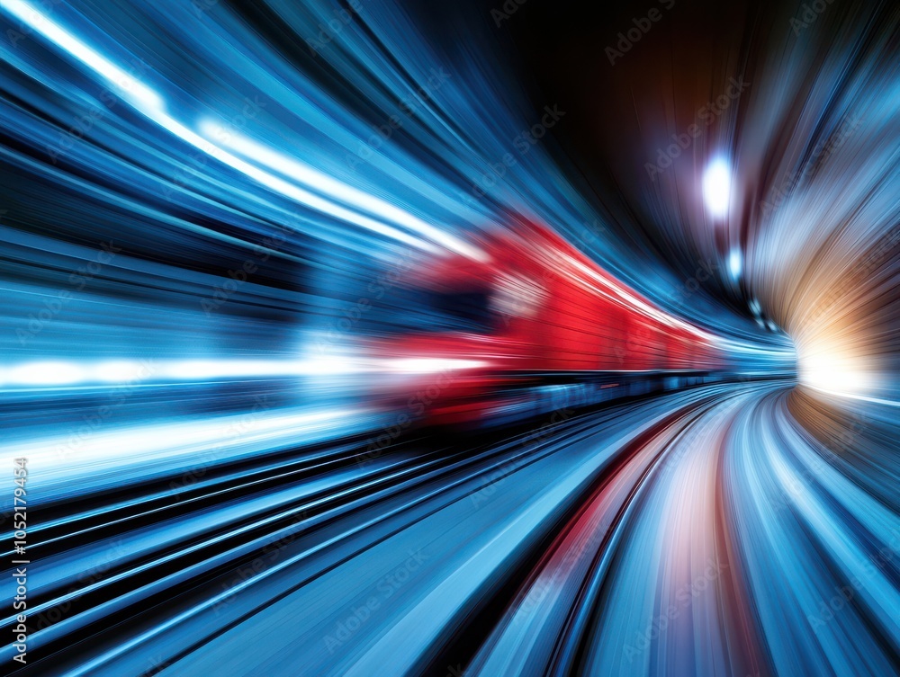 Poster dynamic motion of a train in a tunnel, merging colors and lights, representing speed and energy in u