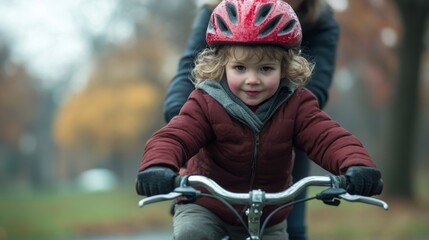Obraz premium Child learning to ride a bicycle with parental help. Fun family moment teaching kid to cycle.