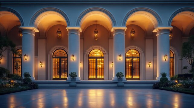 grand column archway leading into an elegant podium space, illuminated by soft lighting that accentuates the architectural details. the setting conveys a sense of grandeur and sophistication