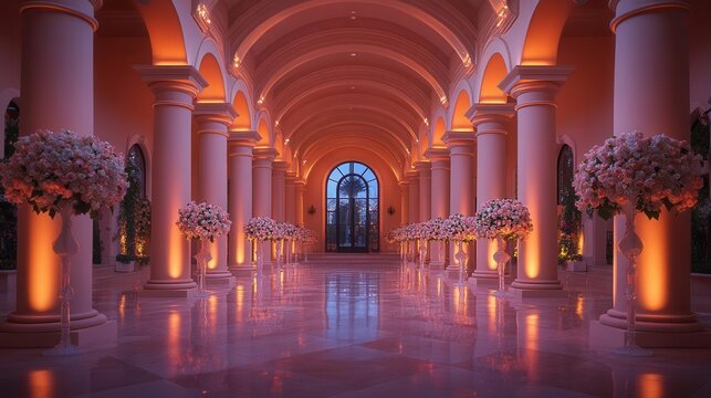 grand column archway leading into an elegant podium space, illuminated by soft lighting that accentuates the architectural details. the setting conveys a sense of grandeur and sophistication