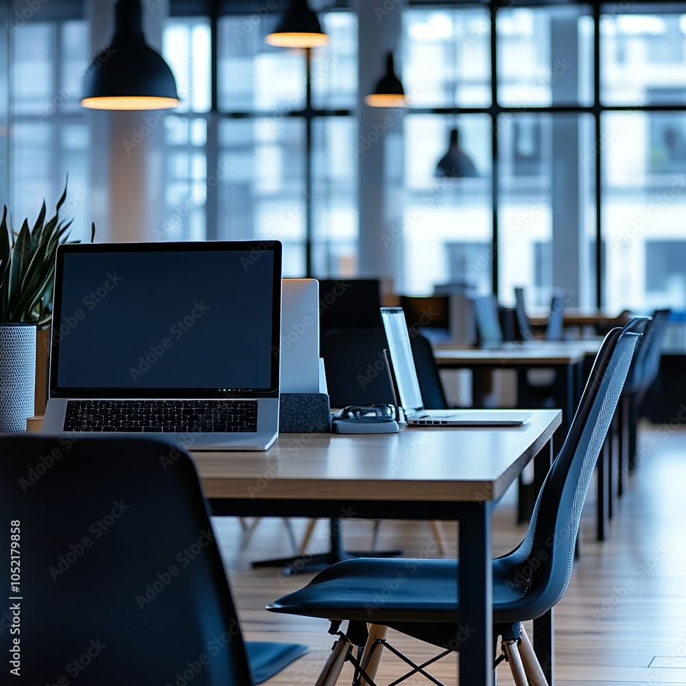 Poster modern office workspace with sleek desks and minimalistic design in a bright setting.