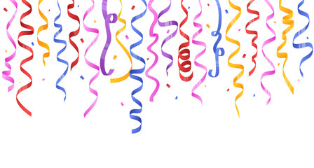 Colorful serpentine border. Dangling curled ribbons. Falling confetti. Holiday party. Festive decor. Curved paper bright elements. Carnival tinsels. Birthday decoration. Vector background