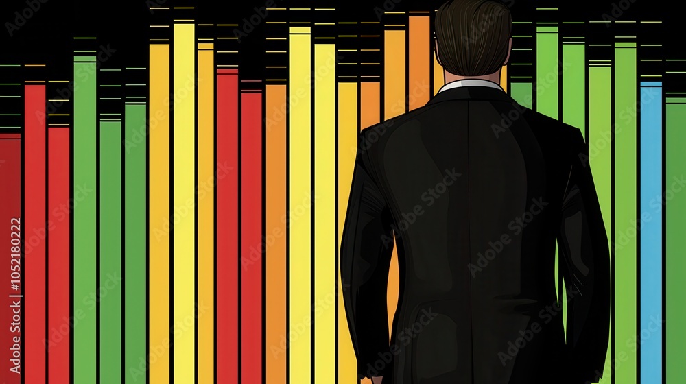 Poster a man in a suit stands facing colorful bar graphs, suggesting a corporate or analytical environment 