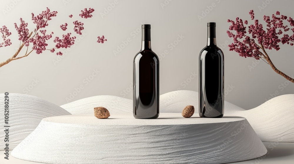 Poster elegant wine display showcasing two dark bottles with natural elements in a serene, minimalist setti
