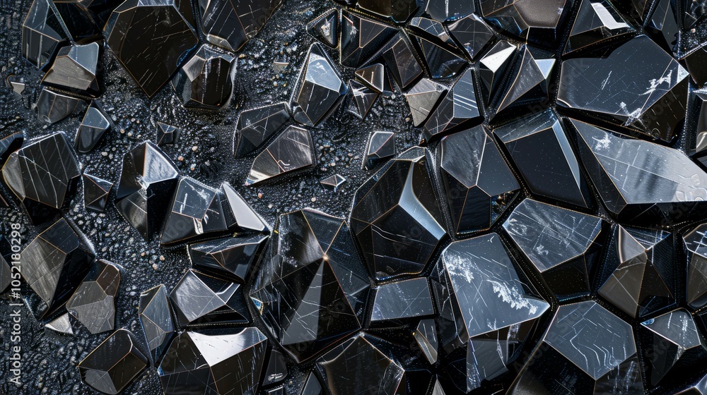 Poster black crystal cluster. dark facets gleam, reflecting power and mystery. a mesmerizing texture of obs