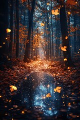 Enchanting autumn woods illuminated by glowing lights and falling leaves near a tranquil stream at dusk
