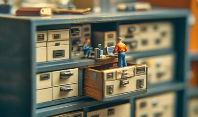 Miniature employees setting up tiny offices inside the drawers of a massive filing cabinet