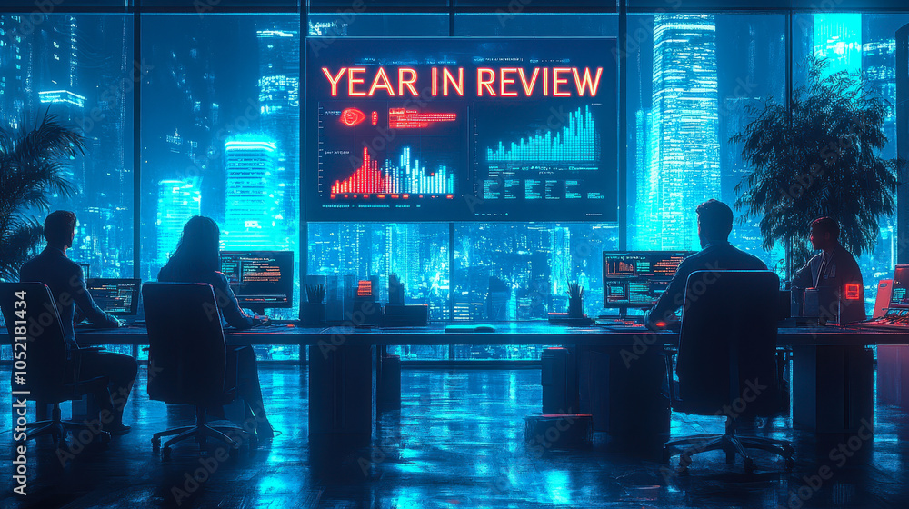 Poster dynamic year-end business review illustration with key metrics and team collaboration