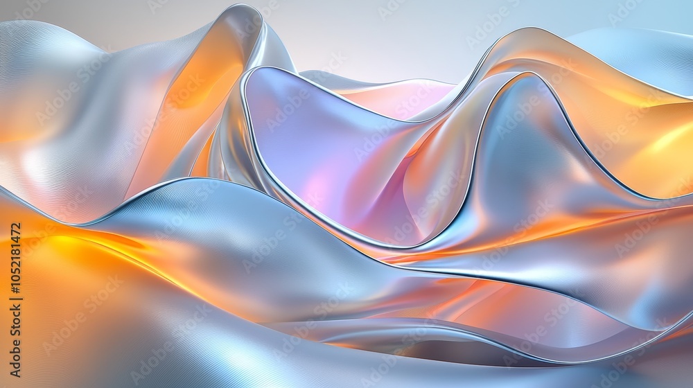 Poster exploring the elegance of fluid abstract forms with iridescent tones in a serene environment
