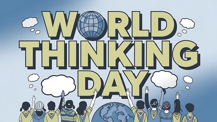 Obraz premium Group of People Celebrating World Thinking Day with Globes and Thought Bubbles
