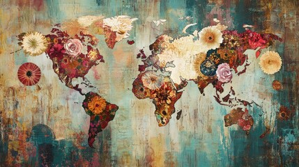 A colorful floral world map illustration blending nature and geography.