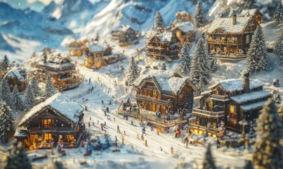 Snowy village scene with skiers and houses.